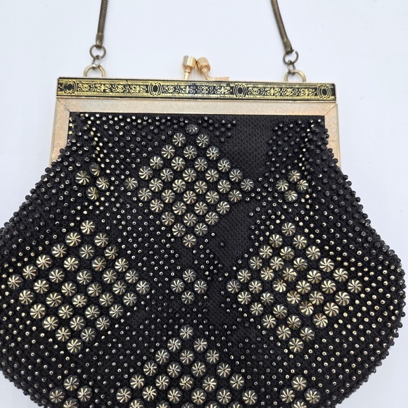 Vintage Beaded Evening Bag Kiss Clasp Purse Gold Accents Chain Hong Kong Studded - Picture 4 of 10